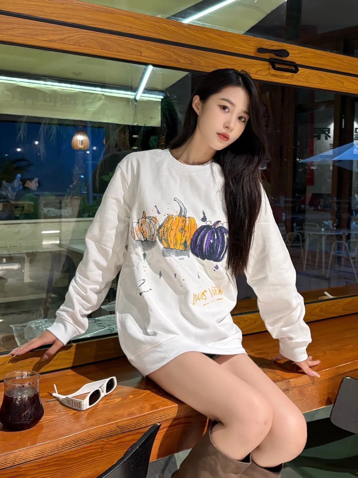 Louis Vuitton/Louis Vuitton 24FW graffiti hand-painted pumpkin round neck sweatshirt